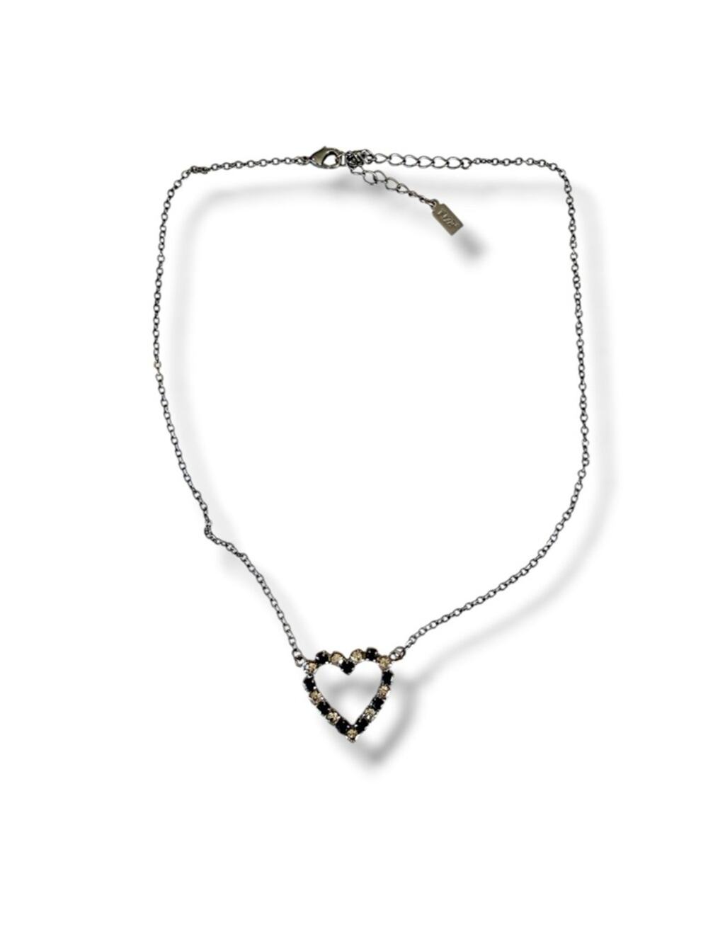 1928 Black White Rhinestone Heart Necklace Gunmetal Tone 19in Vintage Style